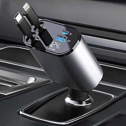 Cargador Para Auto 120w Súper Rápido Con Cable Retráctil