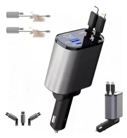 Cargador Para Auto 120w Súper Rápido Con Cable Retráctil